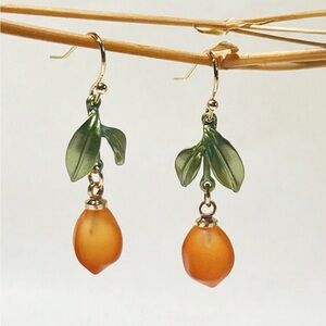 Vintage-Inspired Orange Fruit Dangle Earrings with Green Leaf Detail